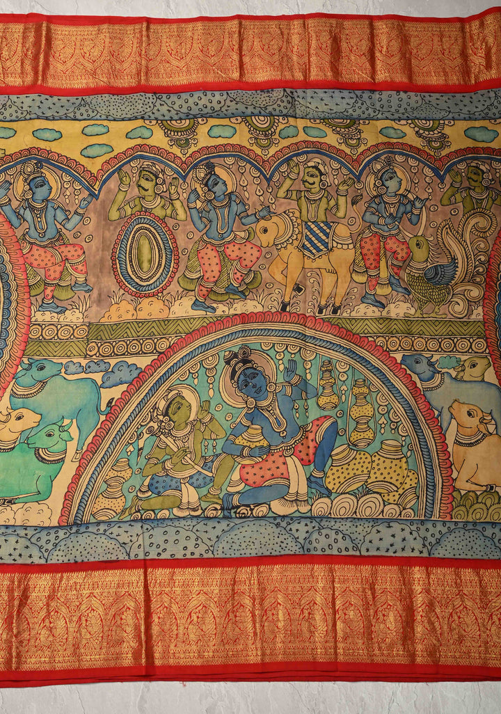 Krishna Leela Authentic Pen Kalamkari on Pure Kanjivaram Silk Saree with Zari Border | SILK MARK CERTIFIED