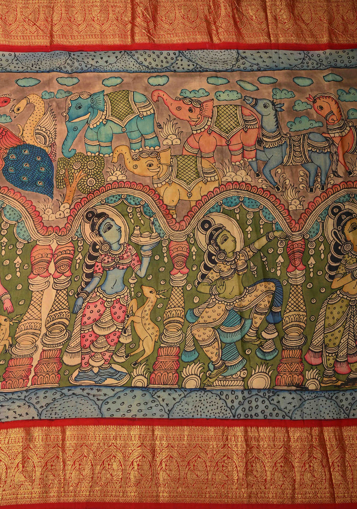 Krishna Leela Authentic Pen Kalamkari on Pure Kanjivaram Silk Saree with Zari Border | SILK MARK CERTIFIED