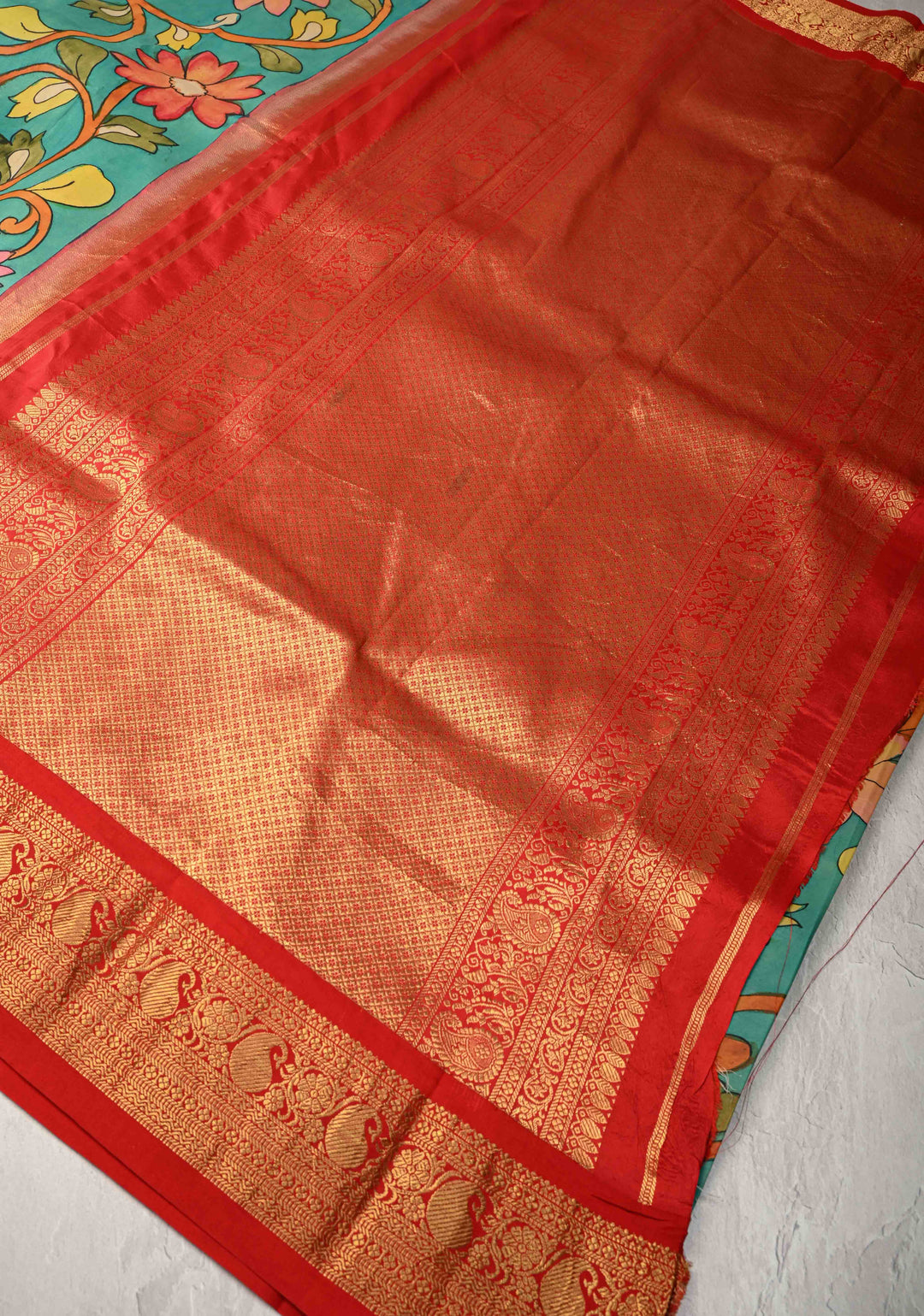 Floral Theme : Green Authentic Pen Kalamkari on Pure Kanjivaram Silk Saree with Wide Zari Border | SILK MARK CERTIFIED