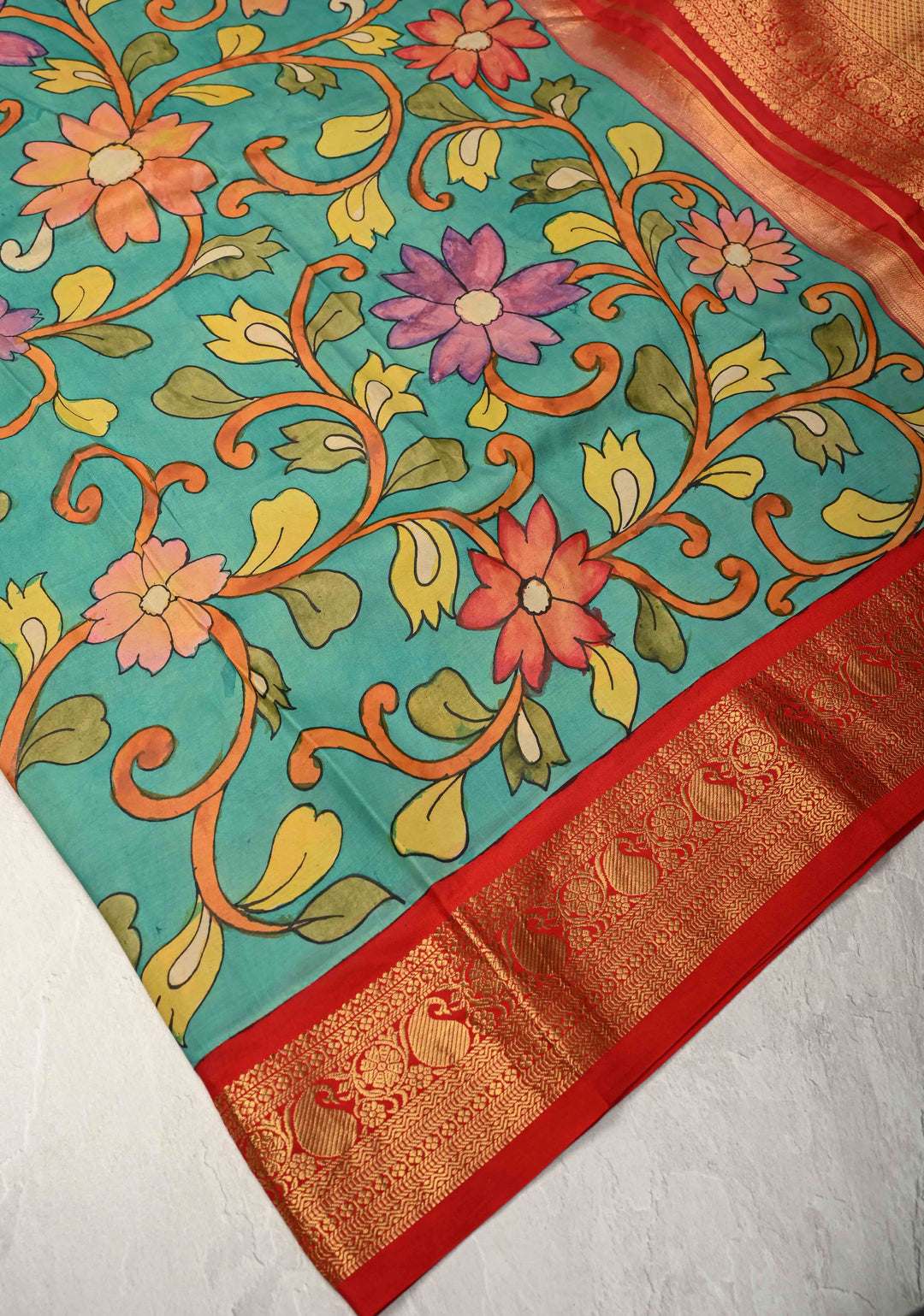 Floral Theme : Green Authentic Pen Kalamkari on Pure Kanjivaram Silk Saree with Wide Zari Border | SILK MARK CERTIFIED