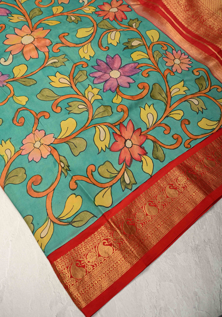 Floral Theme : Green Authentic Pen Kalamkari on Pure Kanjivaram Silk Saree with Wide Zari Border | SILK MARK CERTIFIED