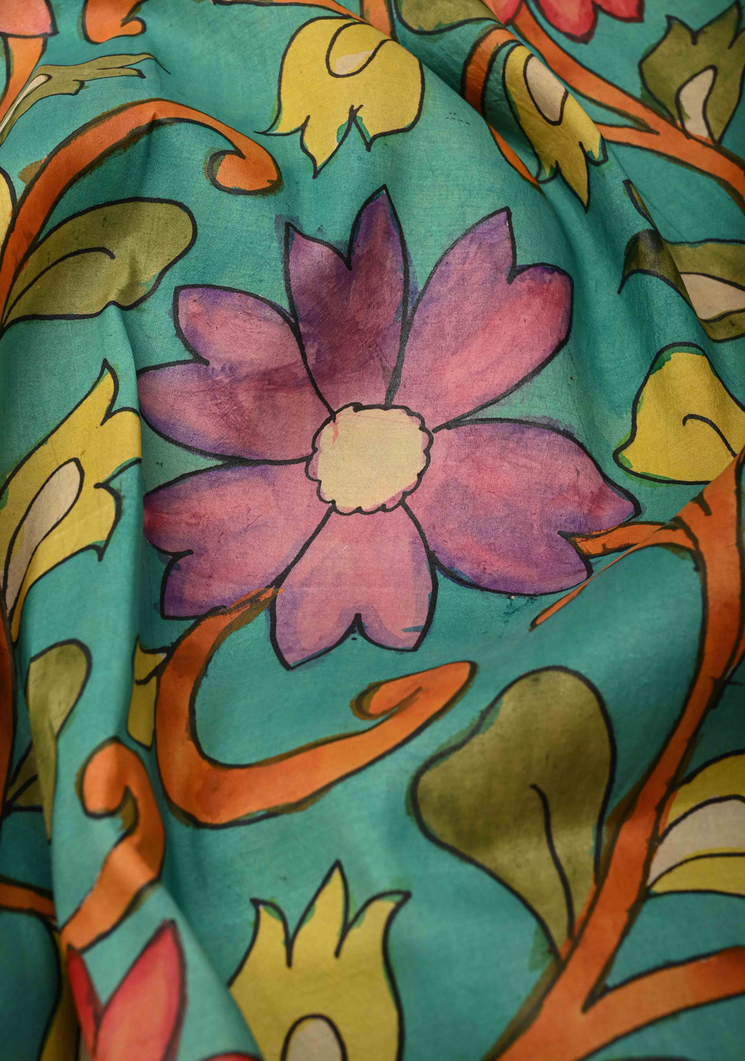 Floral Theme : Green Authentic Pen Kalamkari on Pure Kanjivaram Silk Saree with Wide Zari Border | SILK MARK CERTIFIED