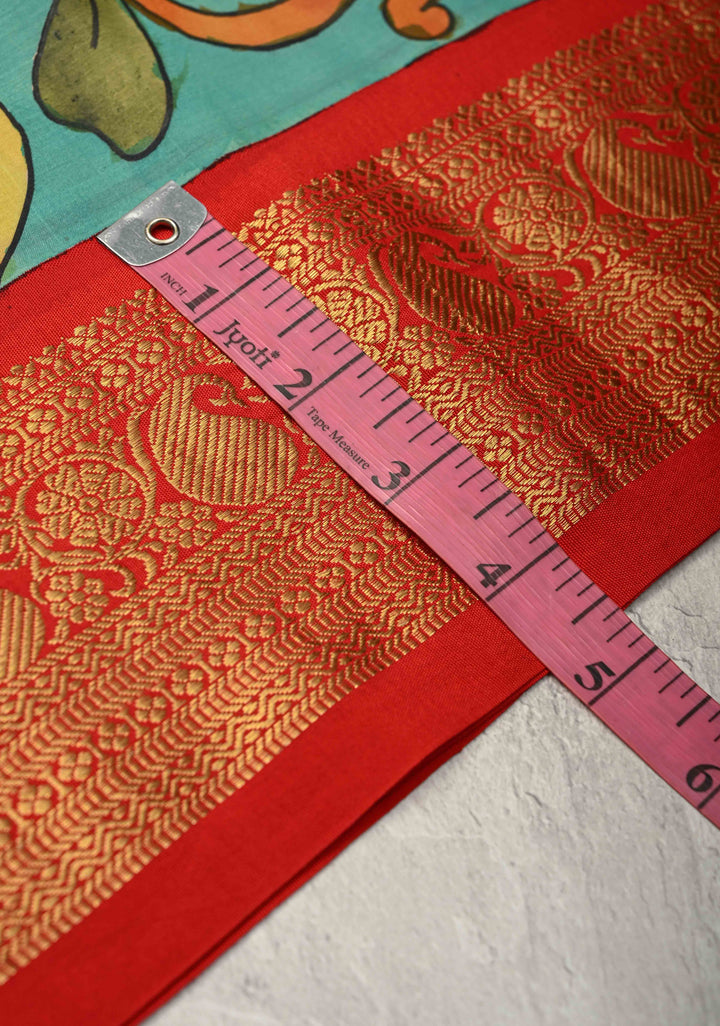 Floral Theme : Green Authentic Pen Kalamkari on Pure Kanjivaram Silk Saree with Wide Zari Border | SILK MARK CERTIFIED