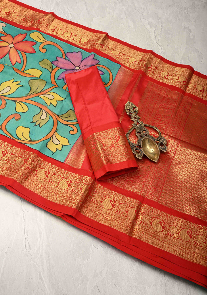 Floral Theme : Green Authentic Pen Kalamkari on Pure Kanjivaram Silk Saree with Wide Zari Border | SILK MARK CERTIFIED