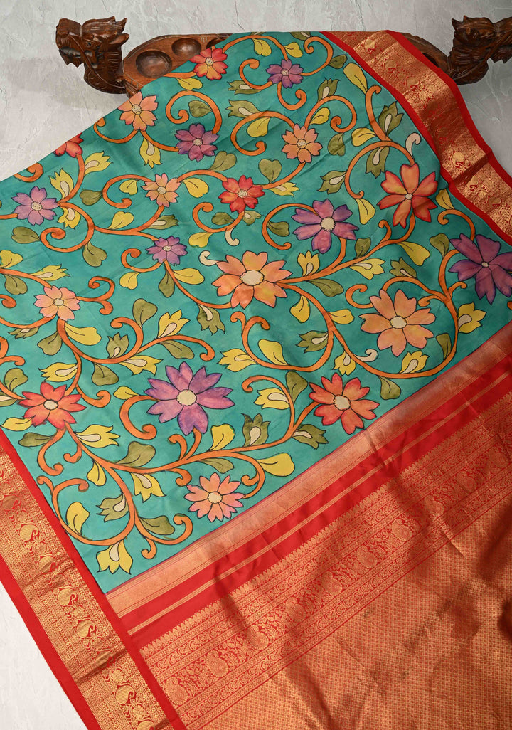 Floral Theme : Green Authentic Pen Kalamkari on Pure Kanjivaram Silk Saree with Wide Zari Border | SILK MARK CERTIFIED