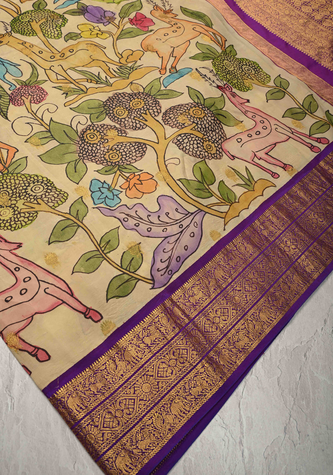 Deer and Peacock Theme : Beige Authentic Pen Kalamkari on Pure Kanjivaram Silk Saree with Zari Border | SILK MARK CERTIFIED