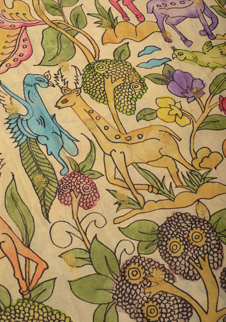 Deer and Peacock Theme : Beige Authentic Pen Kalamkari on Pure Kanjivaram Silk Saree with Zari Border | SILK MARK CERTIFIED