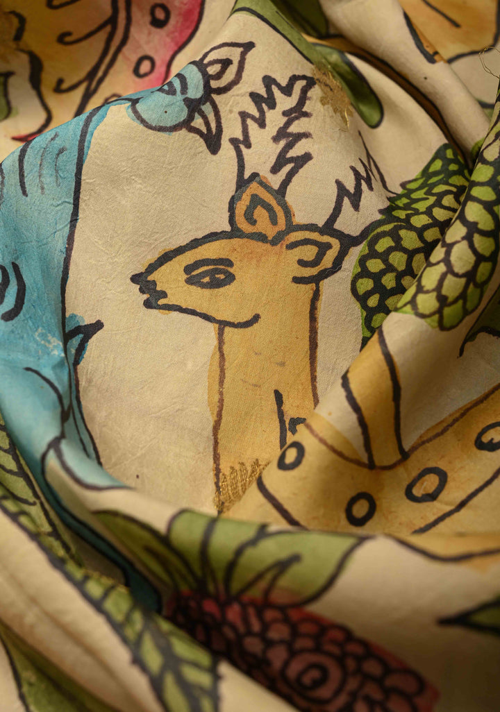 Deer and Peacock Theme : Beige Authentic Pen Kalamkari on Pure Kanjivaram Silk Saree with Zari Border | SILK MARK CERTIFIED