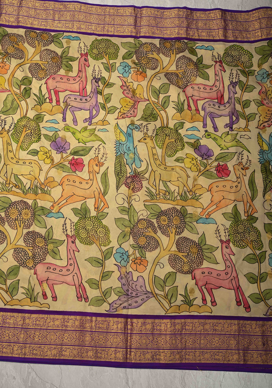 Deer and Peacock Theme : Beige Authentic Pen Kalamkari on Pure Kanjivaram Silk Saree with Zari Border | SILK MARK CERTIFIED