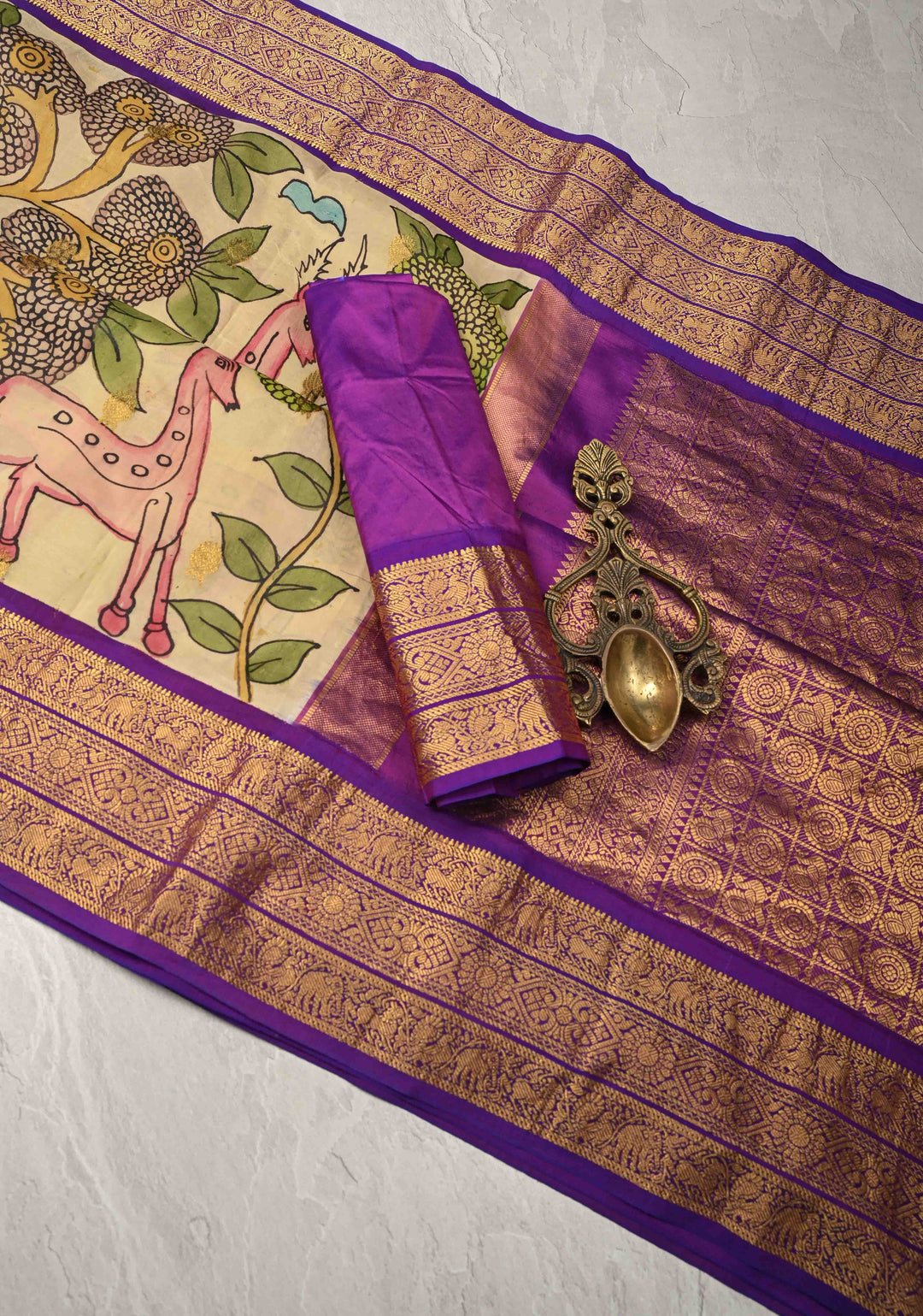 Deer and Peacock Theme : Beige Authentic Pen Kalamkari on Pure Kanjivaram Silk Saree with Zari Border | SILK MARK CERTIFIED