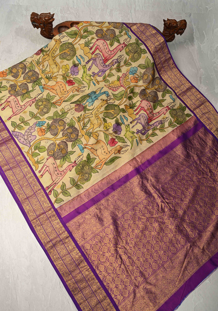 Deer and Peacock Theme : Beige Authentic Pen Kalamkari on Pure Kanjivaram Silk Saree with Zari Border | SILK MARK CERTIFIED