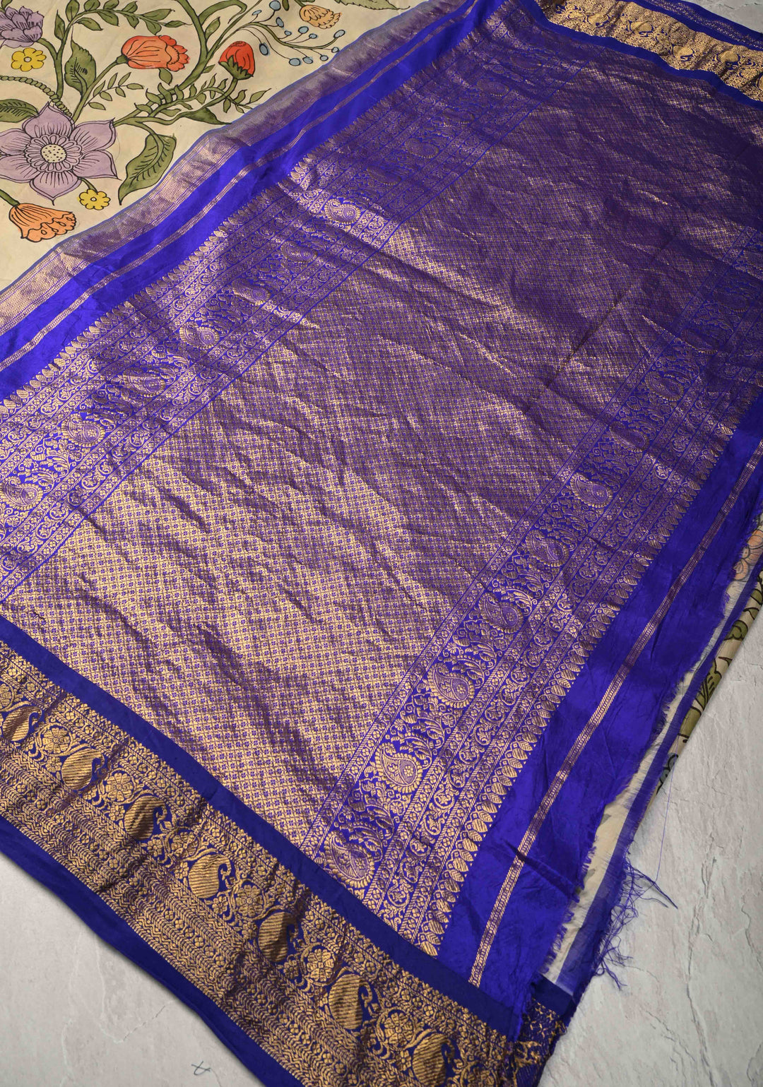 Tropical Paradise Blooms and Floral Theme : Beige Authentic Pen Kalamkari on Pure Kanjivaram Silk Saree with Wide Zari Border | SILK MARK CERTIFIED