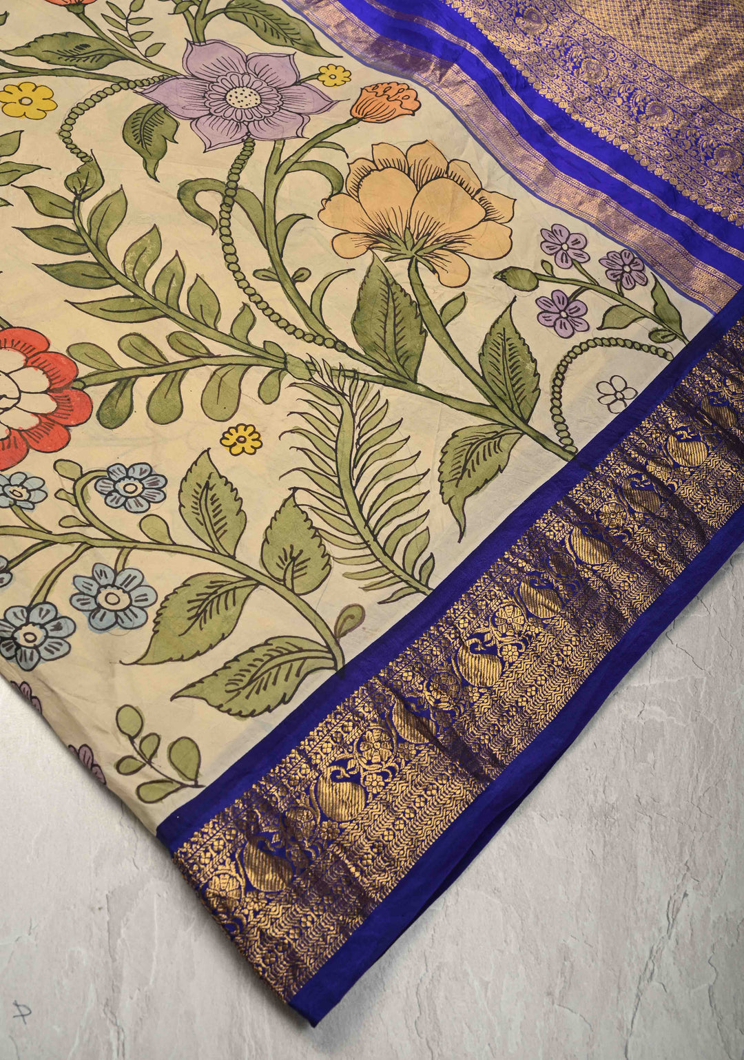Tropical Paradise Blooms and Floral Theme : Beige Authentic Pen Kalamkari on Pure Kanjivaram Silk Saree with Wide Zari Border | SILK MARK CERTIFIED