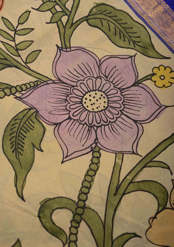 Tropical Paradise Blooms and Floral Theme : Beige Authentic Pen Kalamkari on Pure Kanjivaram Silk Saree with Wide Zari Border | SILK MARK CERTIFIED