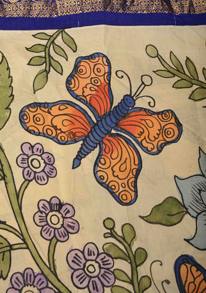 Tropical Paradise Blooms and Floral Theme : Beige Authentic Pen Kalamkari on Pure Kanjivaram Silk Saree with Wide Zari Border | SILK MARK CERTIFIED