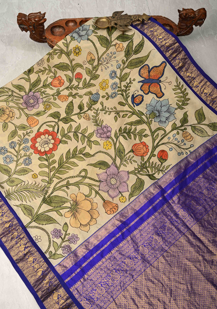 Tropical Paradise Blooms and Floral Theme : Beige Authentic Pen Kalamkari on Pure Kanjivaram Silk Saree with Wide Zari Border | SILK MARK CERTIFIED