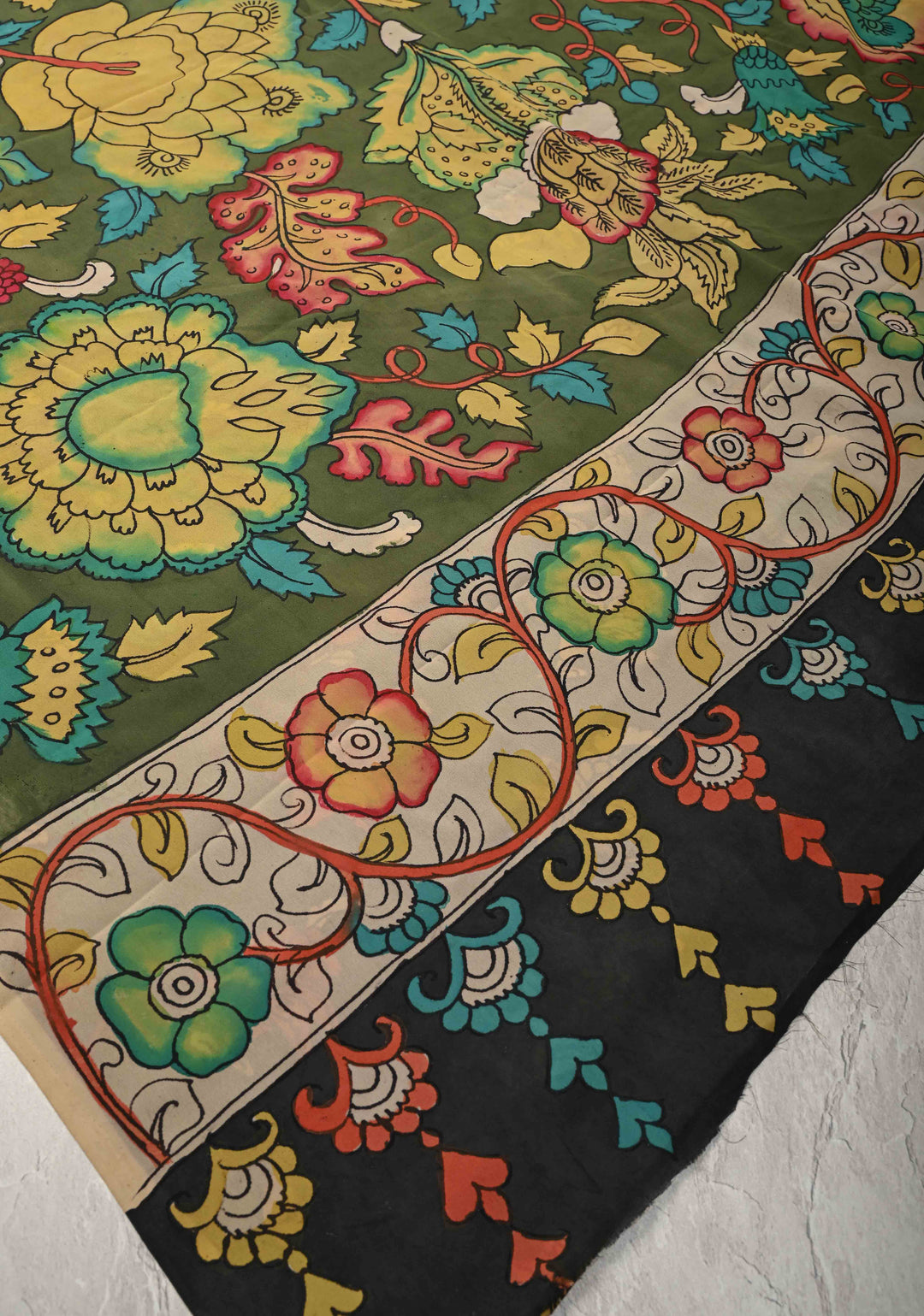 Floral Theme : Mehendi Green Authentic Pen Kalamkari on Banarasi Pure Georgette Saree with Lace Trim Border | SILK MARK CERTIFIED