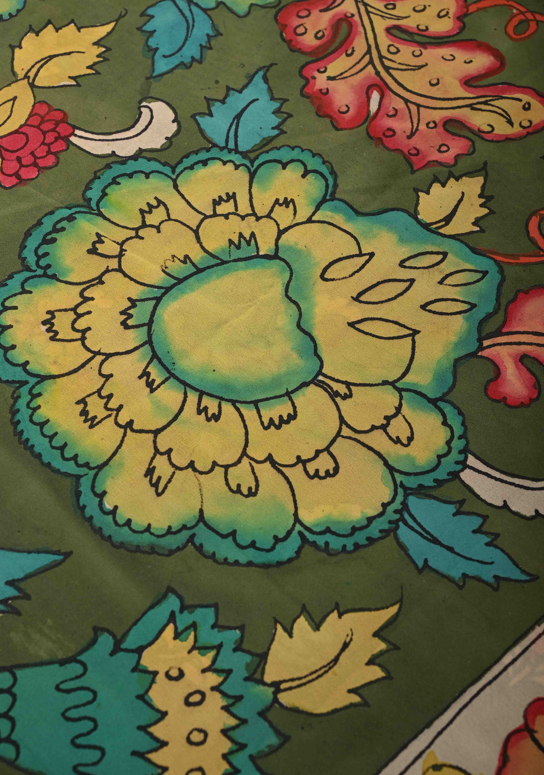 Floral Theme : Mehendi Green Authentic Pen Kalamkari on Banarasi Pure Georgette Saree with Lace Trim Border | SILK MARK CERTIFIED