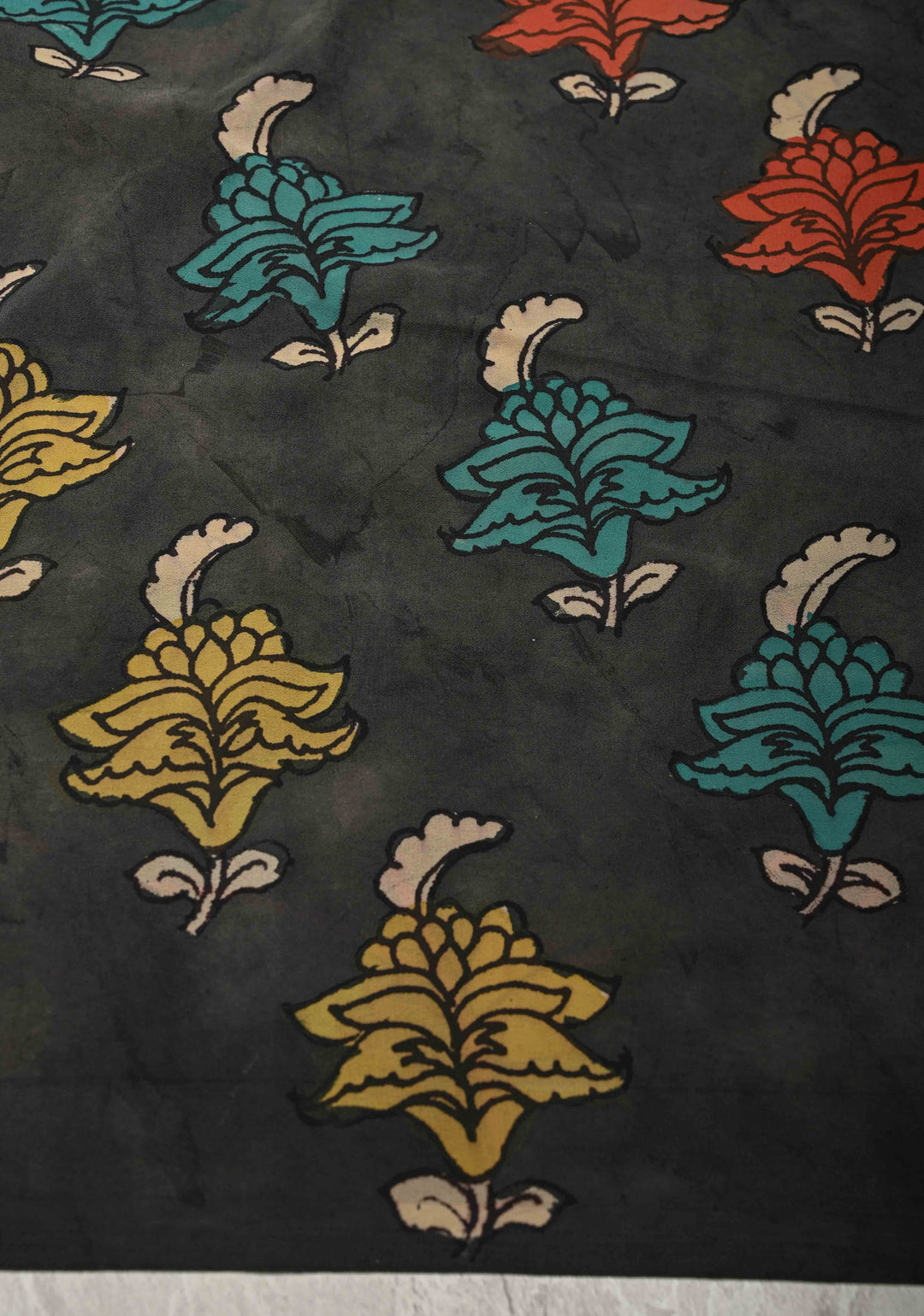 Floral Theme : Mehendi Green Authentic Pen Kalamkari on Banarasi Pure Georgette Saree with Lace Trim Border | SILK MARK CERTIFIED