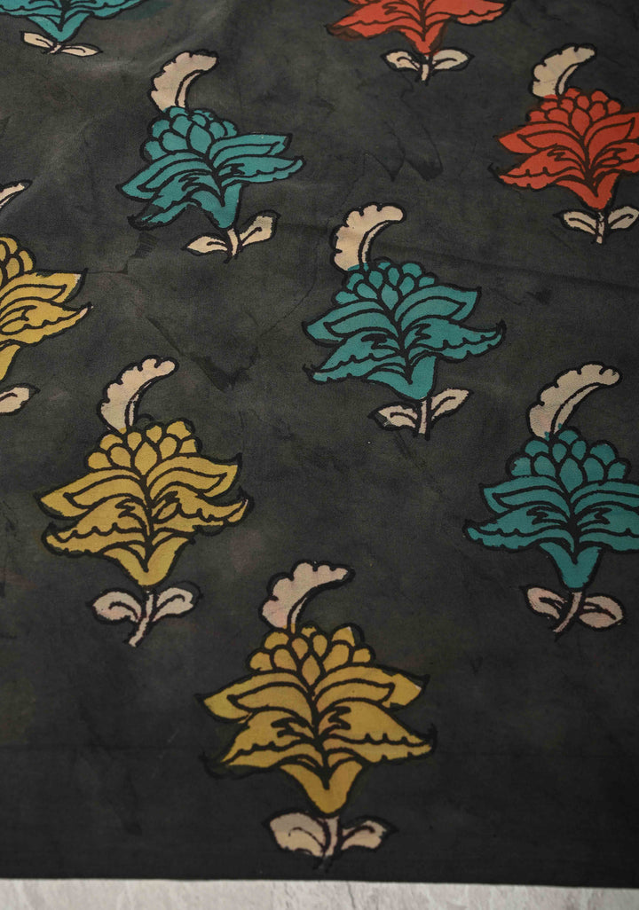 Floral Theme : Mehendi Green Authentic Pen Kalamkari on Banarasi Pure Georgette Saree with Lace Trim Border | SILK MARK CERTIFIED