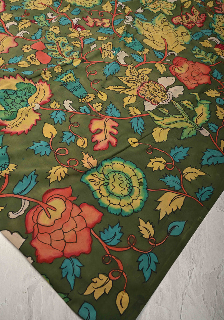 Floral Theme : Mehendi Green Authentic Pen Kalamkari on Banarasi Pure Georgette Saree with Lace Trim Border | SILK MARK CERTIFIED