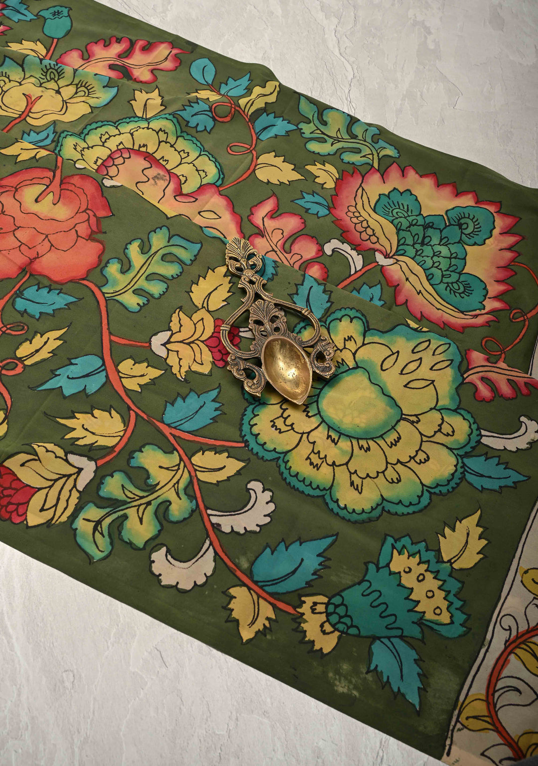Floral Theme : Mehendi Green Authentic Pen Kalamkari on Banarasi Pure Georgette Saree with Lace Trim Border | SILK MARK CERTIFIED