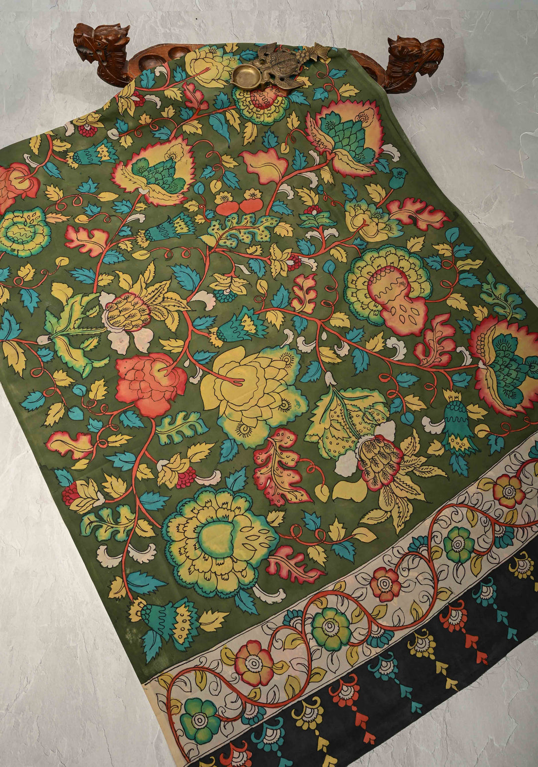 Floral Theme : Mehendi Green Authentic Pen Kalamkari on Banarasi Pure Georgette Saree with Lace Trim Border | SILK MARK CERTIFIED