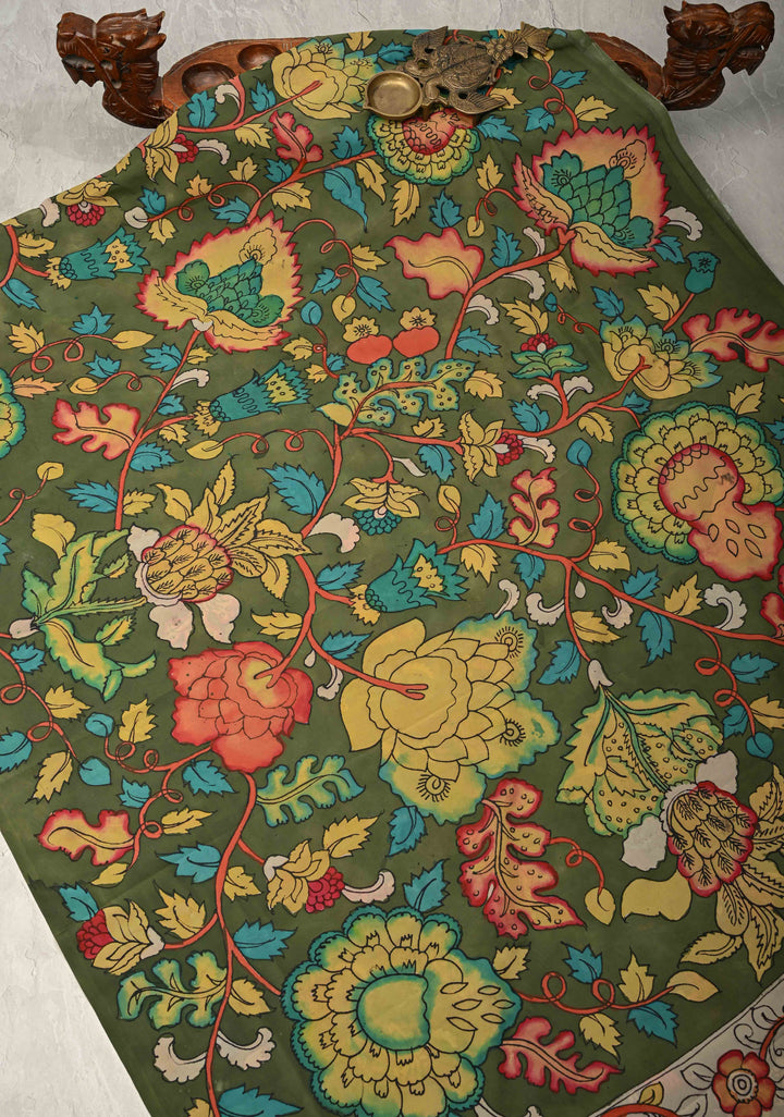 Floral Theme : Mehendi Green Authentic Pen Kalamkari on Banarasi Pure Georgette Saree with Lace Trim Border | SILK MARK CERTIFIED