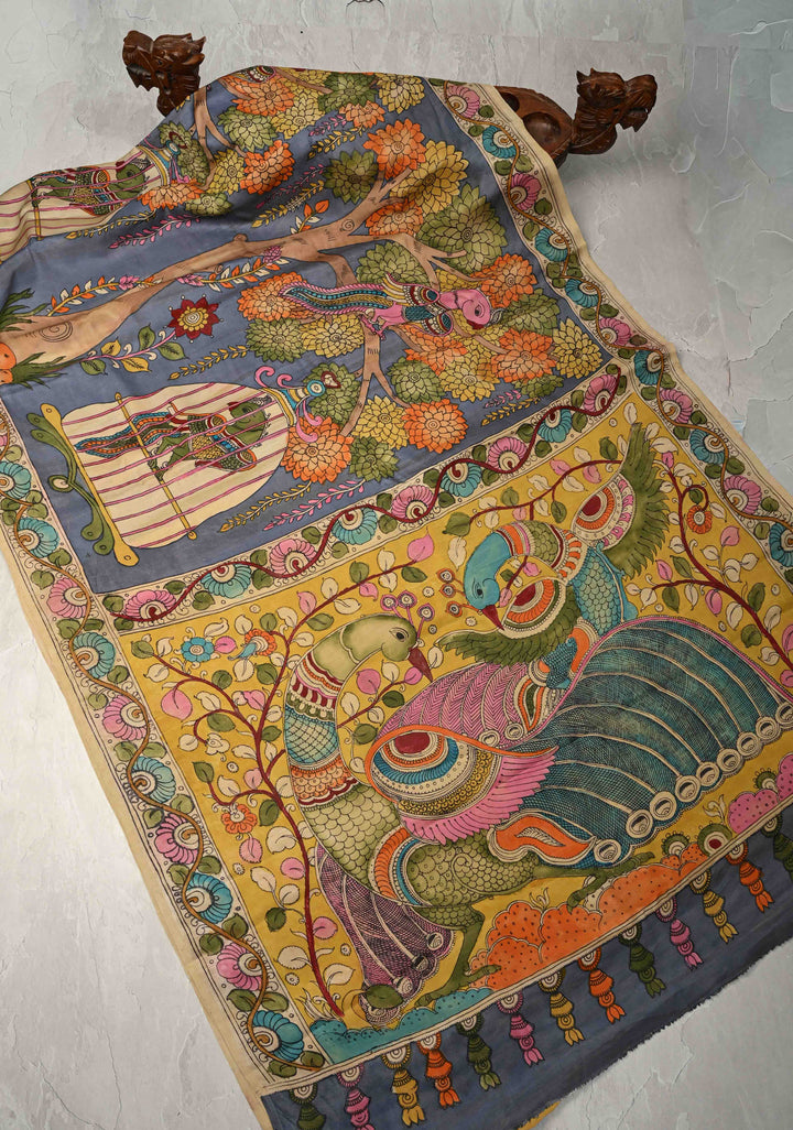 Parrot Design :  Heather Blue Authentic Pen Kalamkari on Pure Gajji Silk Saree with Lace Trim Border | SILK MARK CERTIFIED