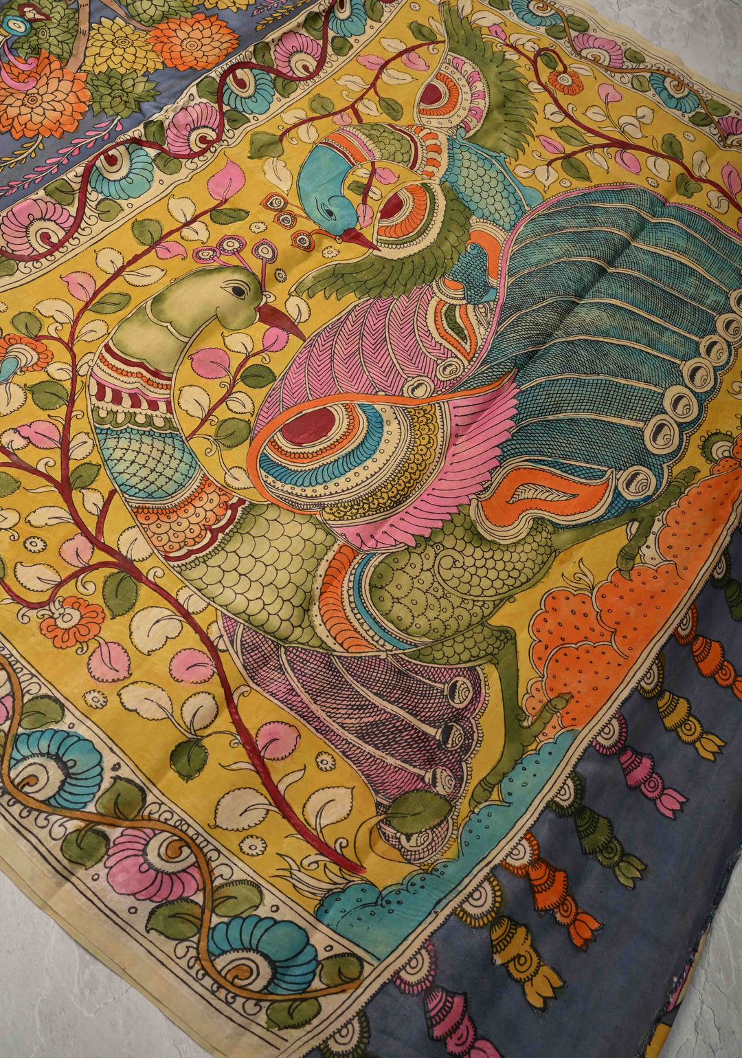 Parrot Design :  Heather Blue Authentic Pen Kalamkari on Pure Gajji Silk Saree with Lace Trim Border | SILK MARK CERTIFIED