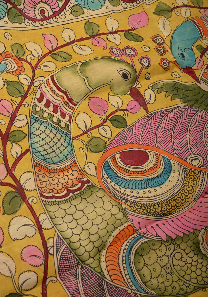 Parrot Design :  Heather Blue Authentic Pen Kalamkari on Pure Gajji Silk Saree with Lace Trim Border | SILK MARK CERTIFIED