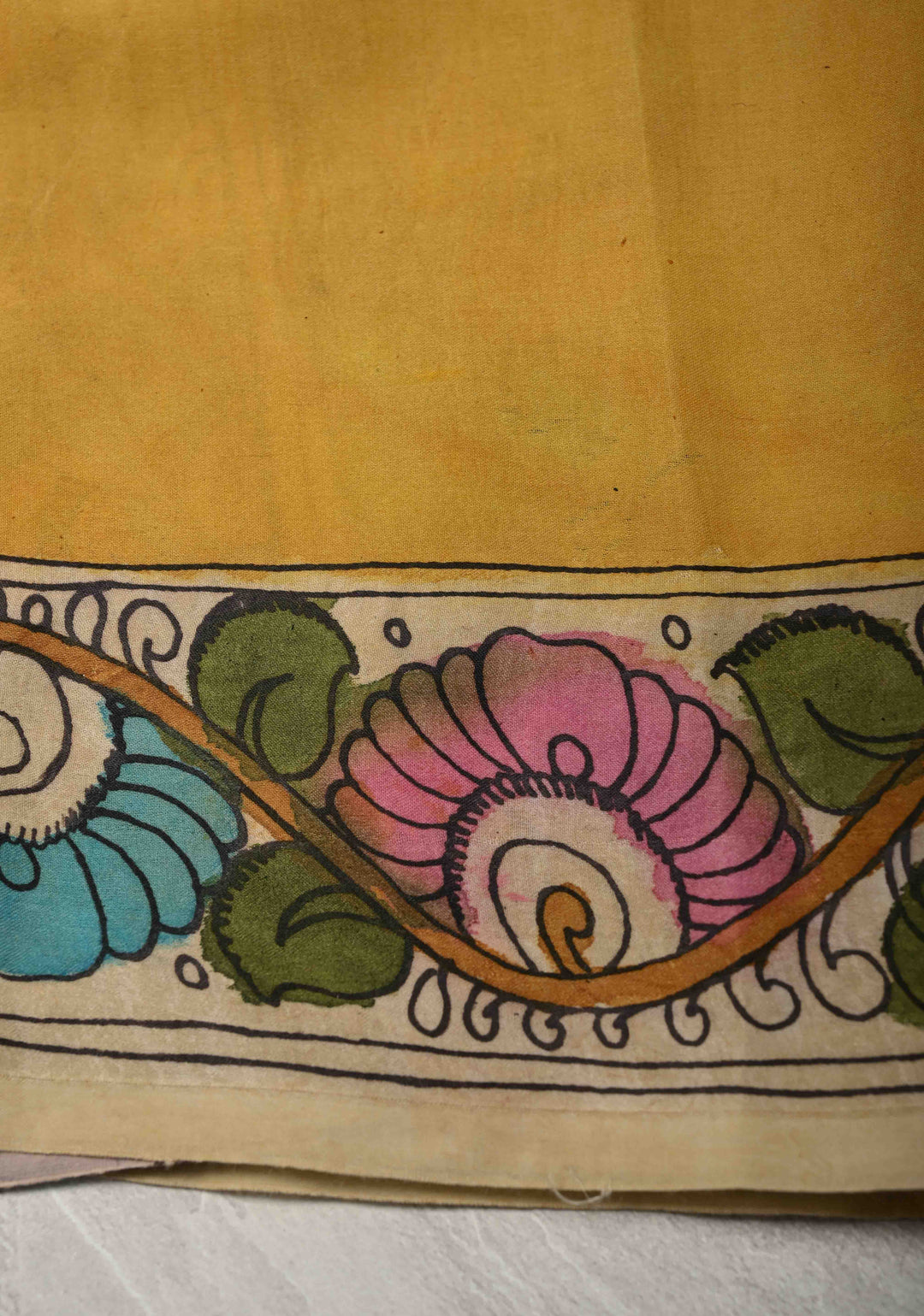 Parrot Design :  Heather Blue Authentic Pen Kalamkari on Pure Gajji Silk Saree with Lace Trim Border | SILK MARK CERTIFIED