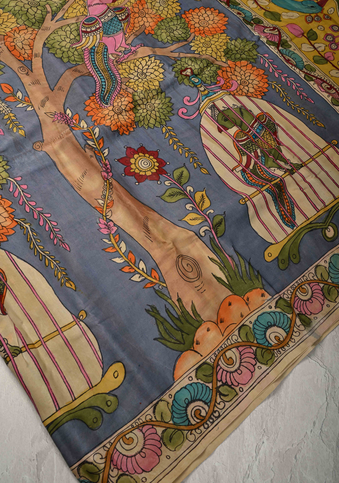 Parrot Design :  Heather Blue Authentic Pen Kalamkari on Pure Gajji Silk Saree with Lace Trim Border | SILK MARK CERTIFIED