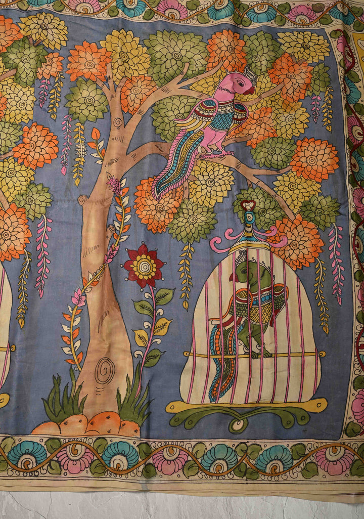 Parrot Design :  Heather Blue Authentic Pen Kalamkari on Pure Gajji Silk Saree with Lace Trim Border | SILK MARK CERTIFIED