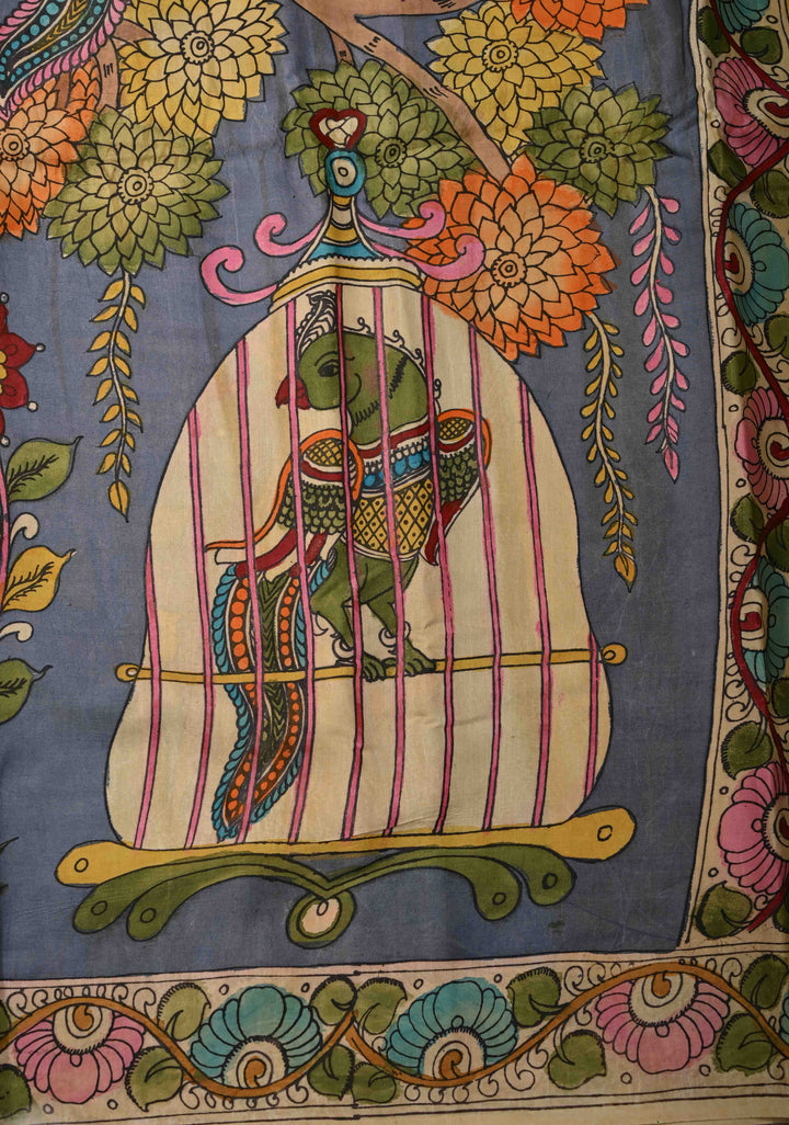 Parrot Design :  Heather Blue Authentic Pen Kalamkari on Pure Gajji Silk Saree with Lace Trim Border | SILK MARK CERTIFIED