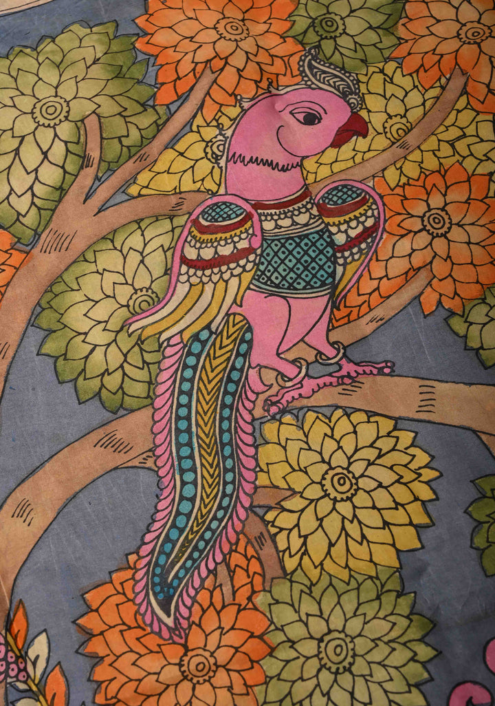 Parrot Design :  Heather Blue Authentic Pen Kalamkari on Pure Gajji Silk Saree with Lace Trim Border | SILK MARK CERTIFIED