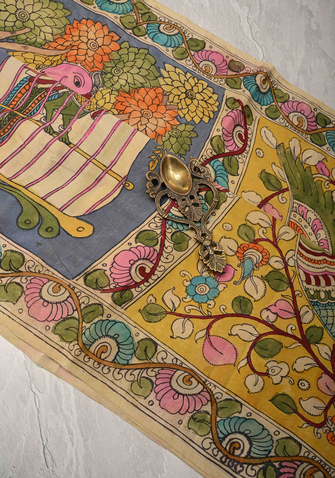Parrot Design :  Heather Blue Authentic Pen Kalamkari on Pure Gajji Silk Saree with Lace Trim Border | SILK MARK CERTIFIED