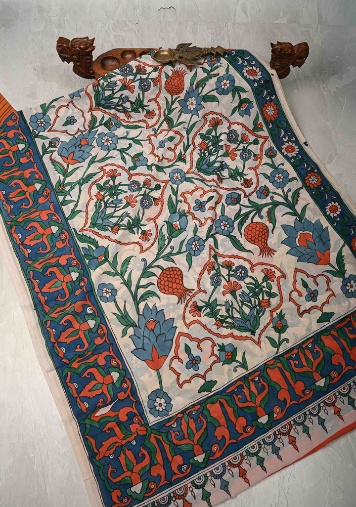 Turkish Floral Design : White Authentic Pen Kalamkari on Pure Georgette Silk Saree with Border| SILK MARK CERTIFIED