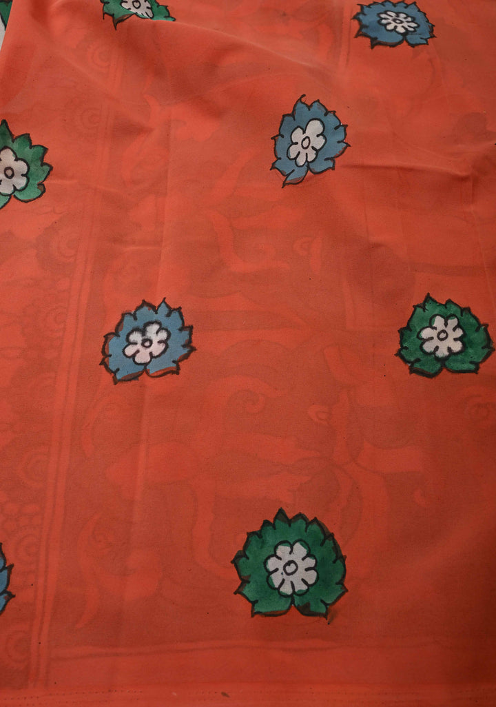 Turkish Floral Design : White Authentic Pen Kalamkari on Pure Georgette Silk Saree with Border| SILK MARK CERTIFIED