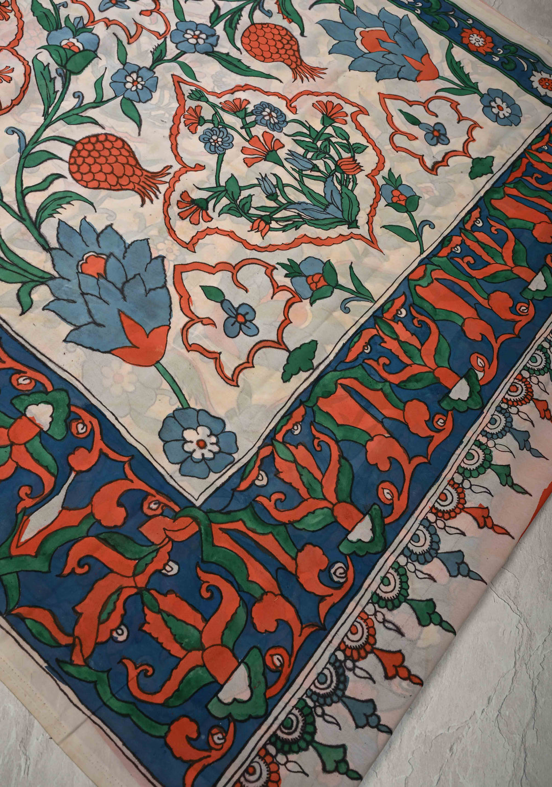 Turkish Floral Design : White Authentic Pen Kalamkari on Pure Georgette Silk Saree with Border| SILK MARK CERTIFIED
