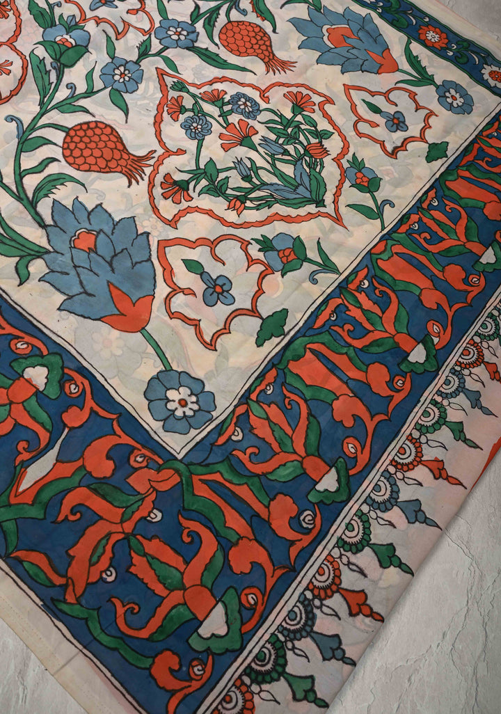 Turkish Floral Design : White Authentic Pen Kalamkari on Pure Georgette Silk Saree with Border| SILK MARK CERTIFIED