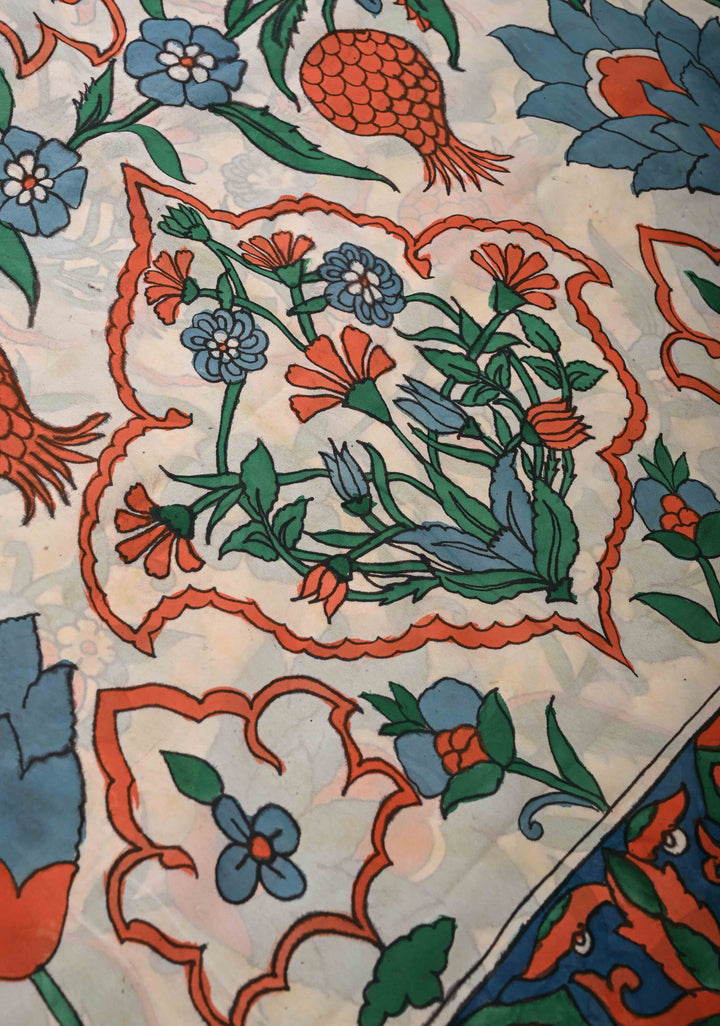 Turkish Floral Design : White Authentic Pen Kalamkari on Pure Georgette Silk Saree with Border| SILK MARK CERTIFIED