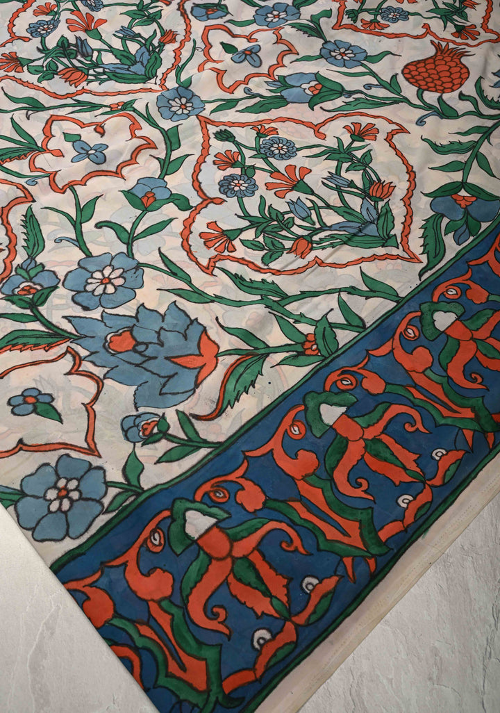 Turkish Floral Design : White Authentic Pen Kalamkari on Pure Georgette Silk Saree with Border| SILK MARK CERTIFIED