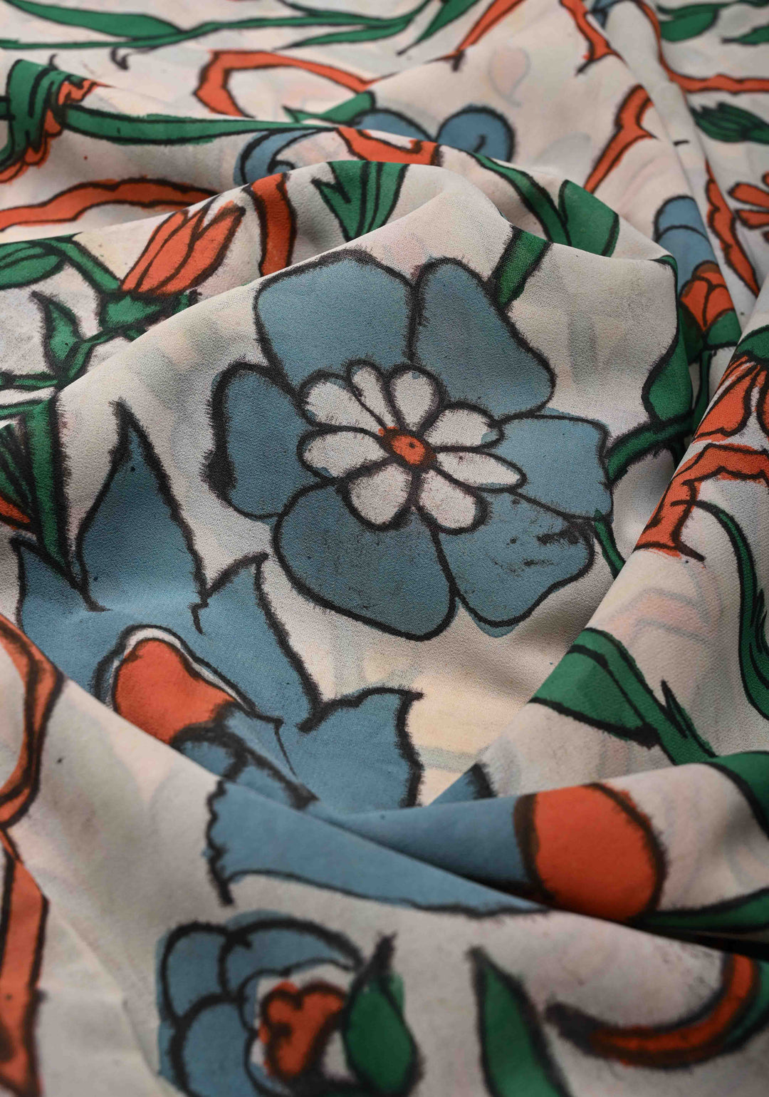 Turkish Floral Design : White Authentic Pen Kalamkari on Pure Georgette Silk Saree with Border| SILK MARK CERTIFIED