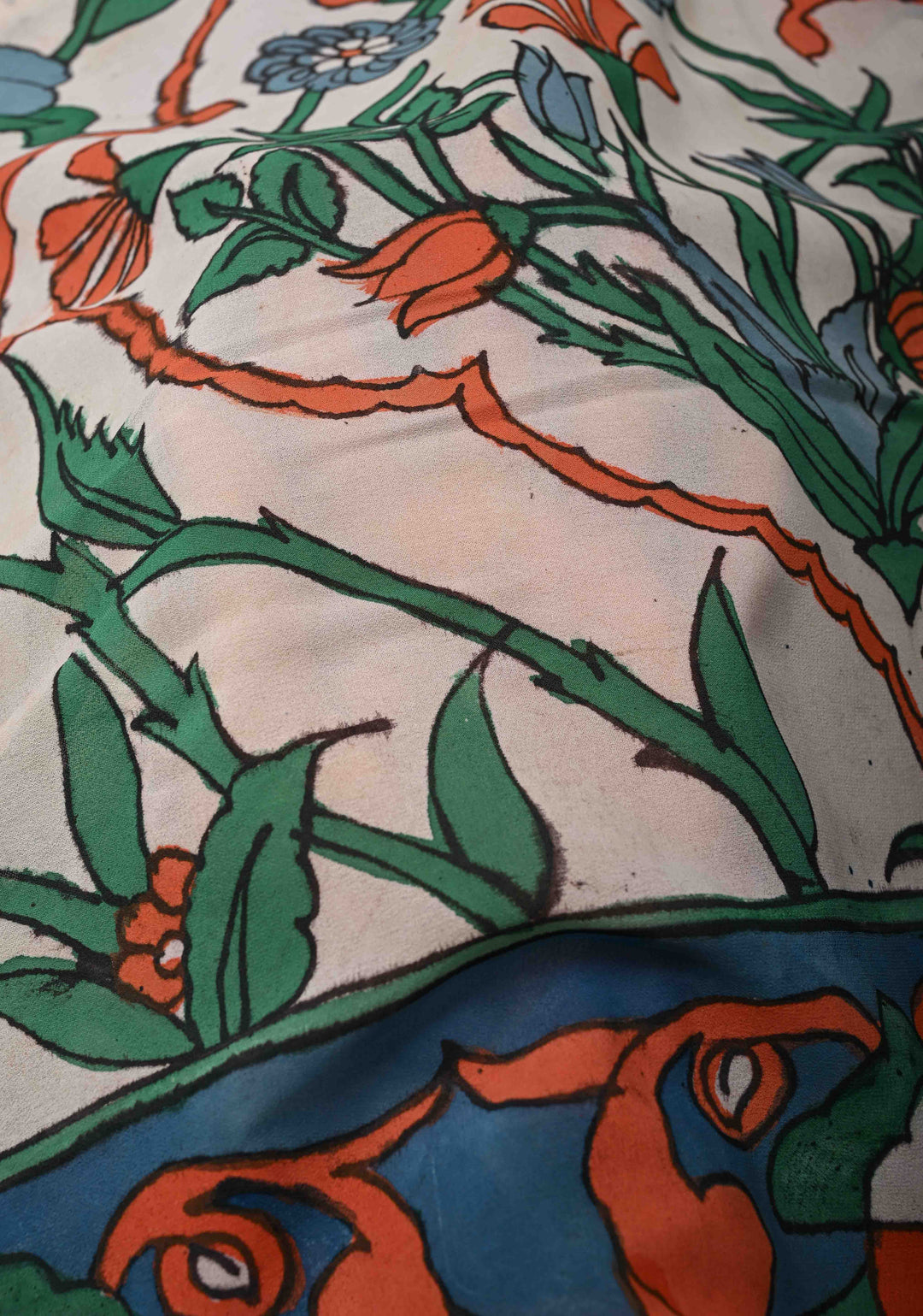 Turkish Floral Design : White Authentic Pen Kalamkari on Pure Georgette Silk Saree with Border| SILK MARK CERTIFIED