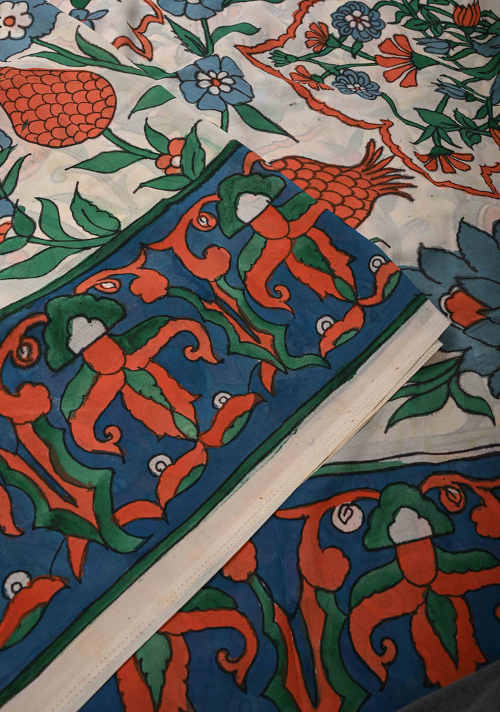 Turkish Floral Design : White Authentic Pen Kalamkari on Pure Georgette Silk Saree with Border| SILK MARK CERTIFIED