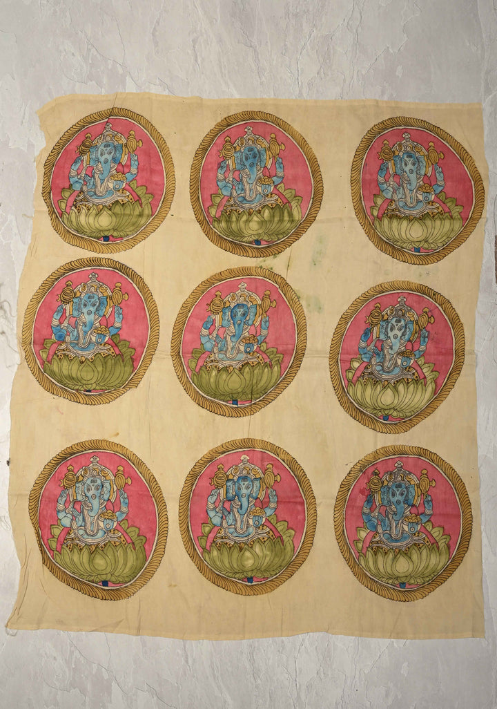 14" Vinayaka Mandala Circular Theme :  Authentic Pen Kalamkari Wall Mural on Pure Cotton, unframed