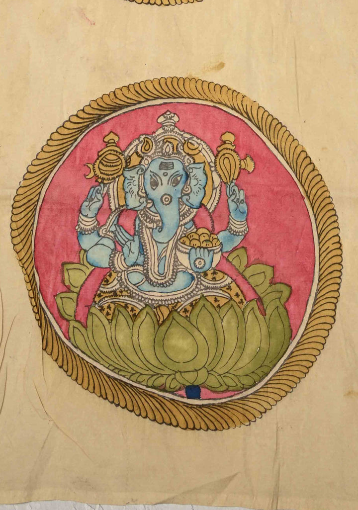 14" Vinayaka Mandala Circular Theme :  Authentic Pen Kalamkari Wall Mural on Pure Cotton, unframed