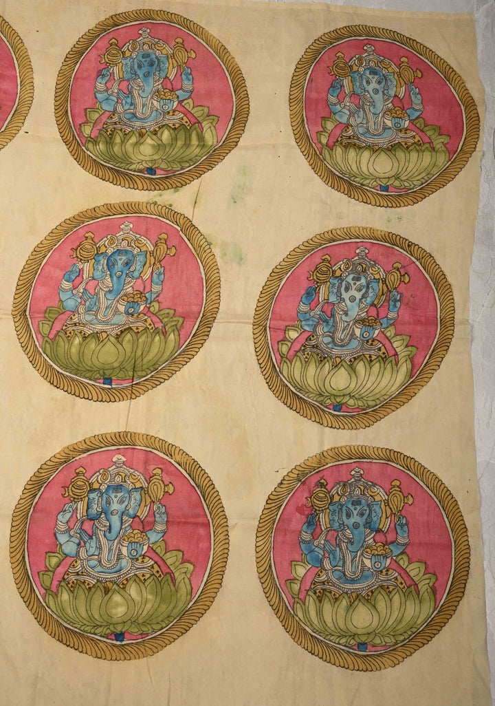 14" Vinayaka Mandala Circular Theme :  Authentic Pen Kalamkari Wall Mural on Pure Cotton, unframed