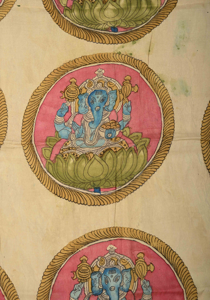14" Vinayaka Mandala Circular Theme :  Authentic Pen Kalamkari Wall Mural on Pure Cotton, unframed